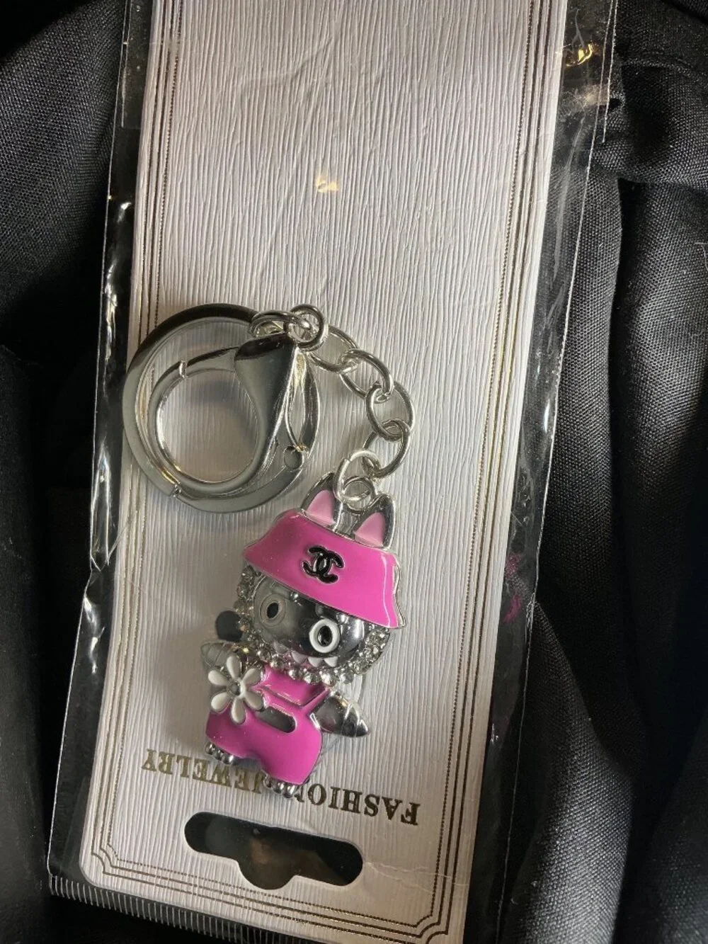 Pink Silver-Tone Rhinestone Keychain with Logo Hat and Bow Charm